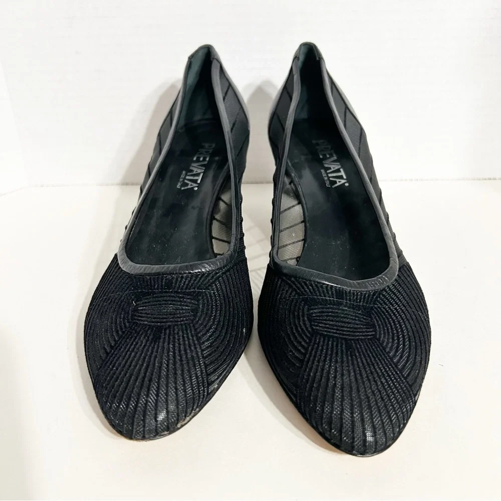 Vintage Prevata Black Textured Mesh Pleated Pointed Toe Kitten Heel Pumps Italy